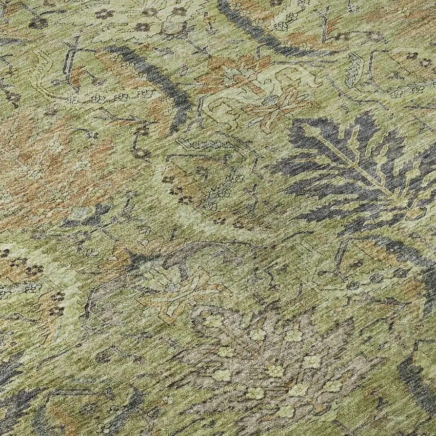 Artichoke Green Gold And Charcoal Damask Washable Area Rug With UV Protection Photo 1