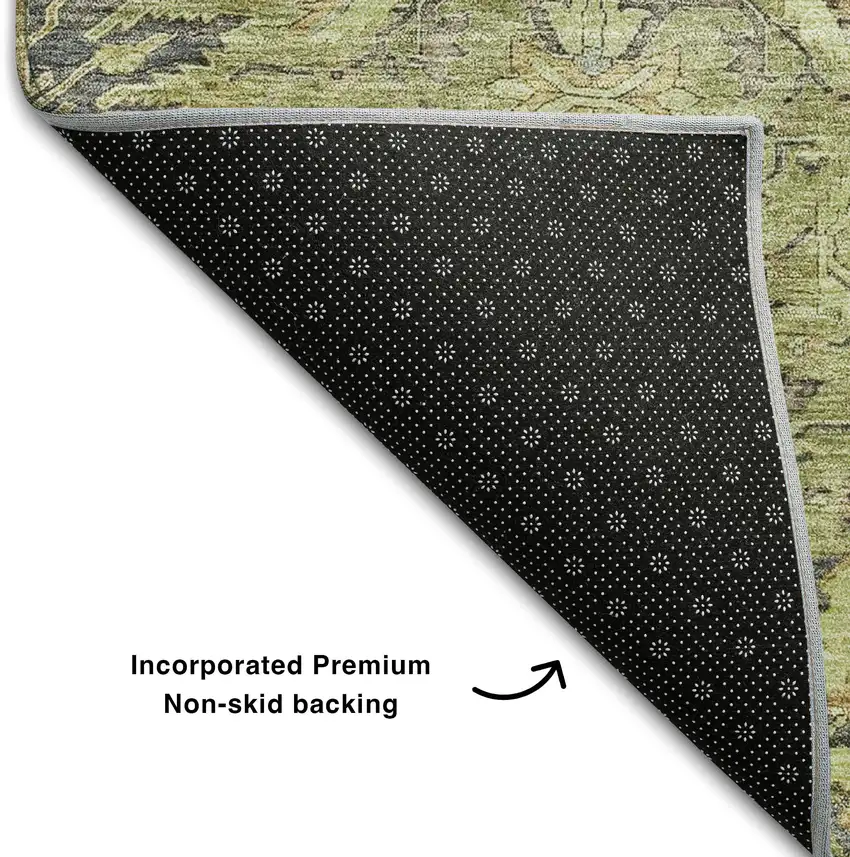 Artichoke Green Gold And Charcoal Damask Washable Area Rug With UV Protection Photo 6
