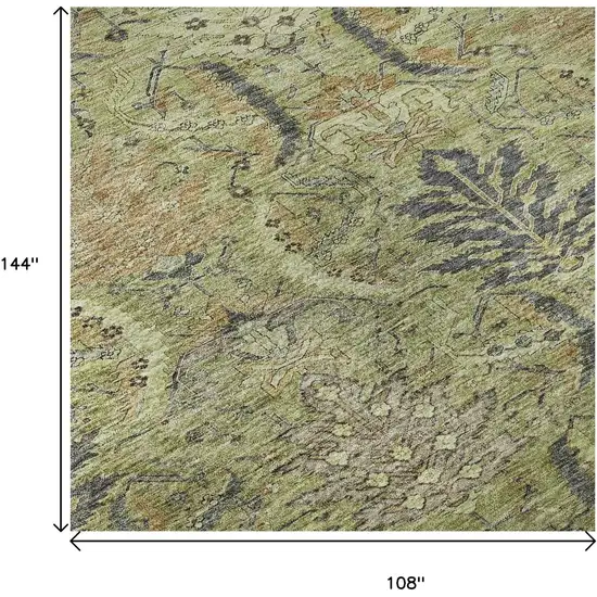 Artichoke Green Gold And Charcoal Damask Washable Area Rug With UV Protection Photo 9