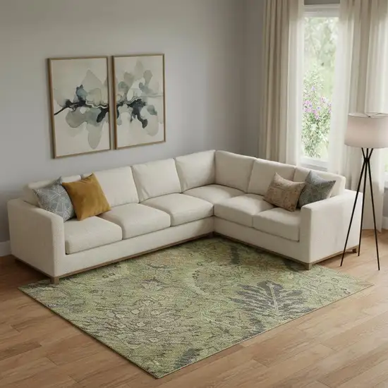 Artichoke Green Gold And Charcoal Damask Washable Area Rug With UV Protection Photo 2