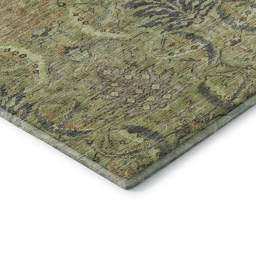 Artichoke Green Gold And Charcoal Damask Washable Area Rug With UV Protection Photo 7
