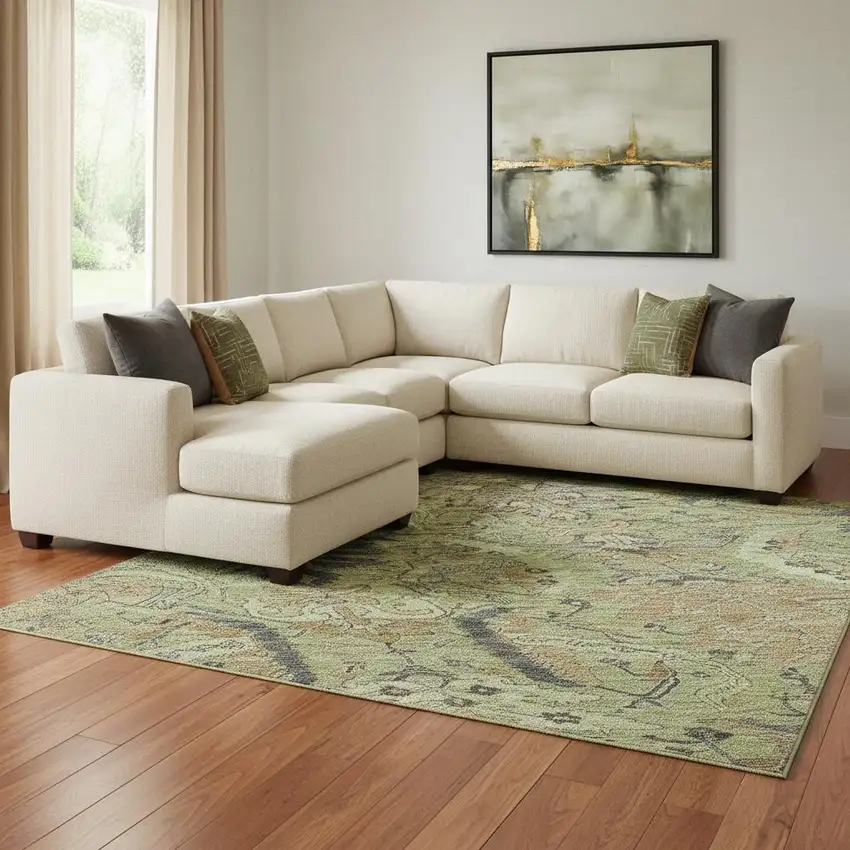 Artichoke Green Gold And Charcoal Damask Washable Area Rug With UV Protection Photo 2