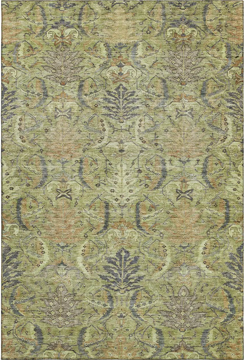Artichoke Green Gold And Charcoal Damask Washable Area Rug With UV Protection Photo 5