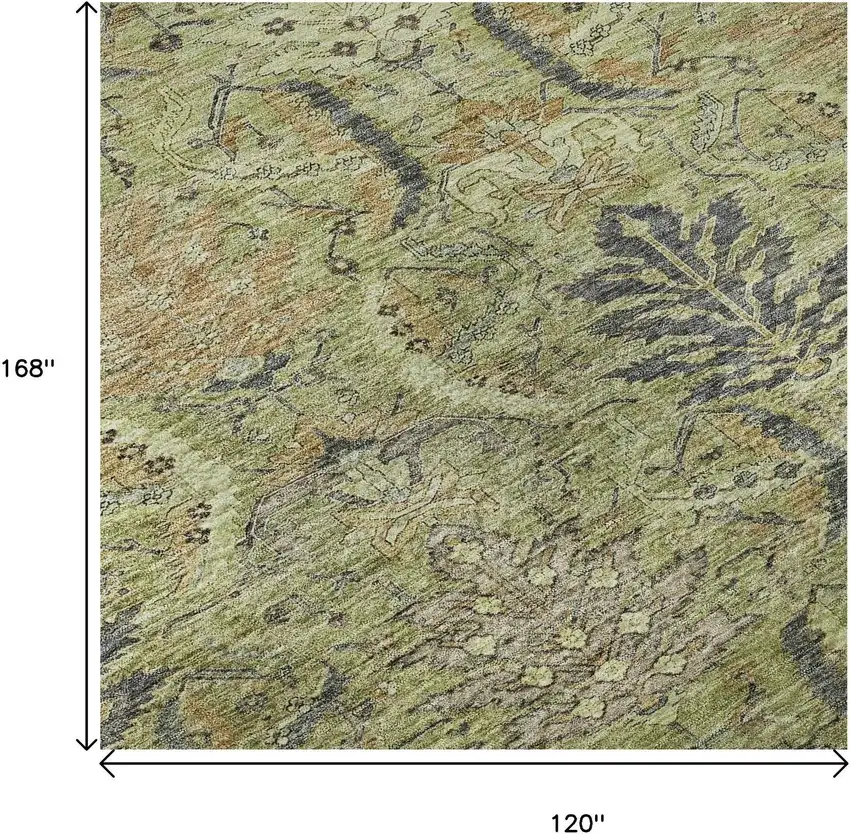 Artichoke Green Gold And Charcoal Damask Washable Area Rug With UV Protection Photo 9