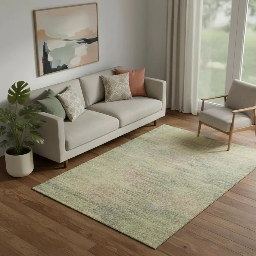 Artichoke Green Gold And Copper Abstract Washable Area Rug With UV Protection Photo 1