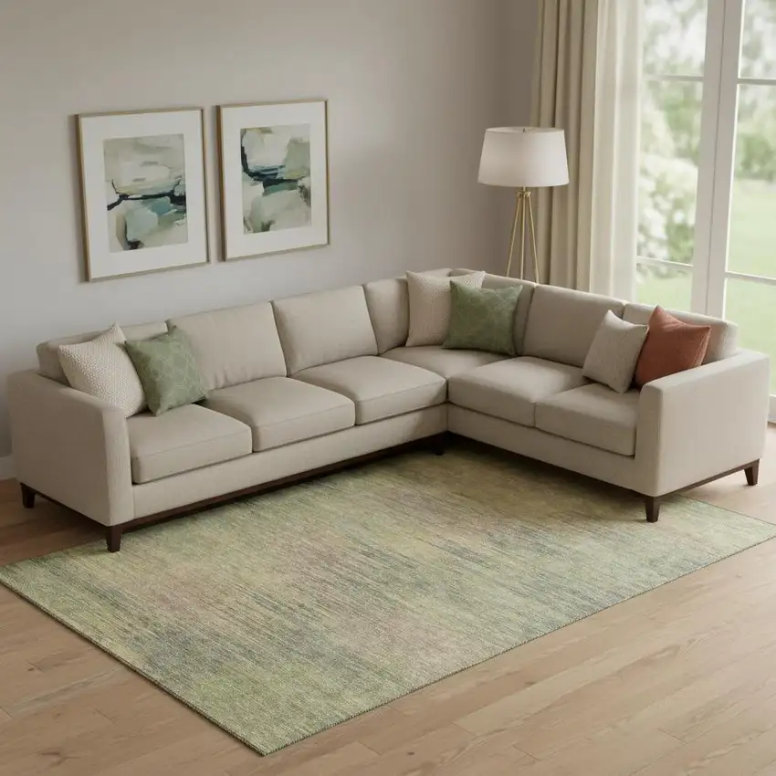 Artichoke Green Gold And Copper Abstract Washable Area Rug With UV Protection Photo 1