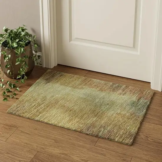 Artichoke Green Gold And Copper Abstract Washable Area Rug With UV Protection Photo 1