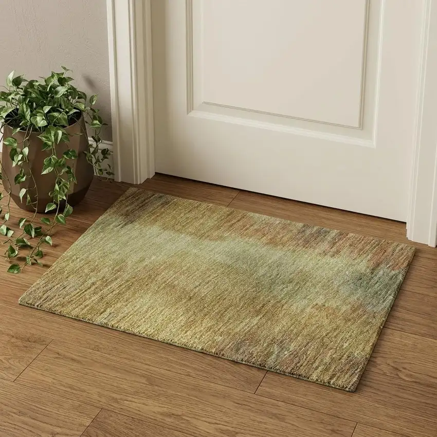 Artichoke Green Gold And Copper Abstract Washable Area Rug With UV Protection Photo 1
