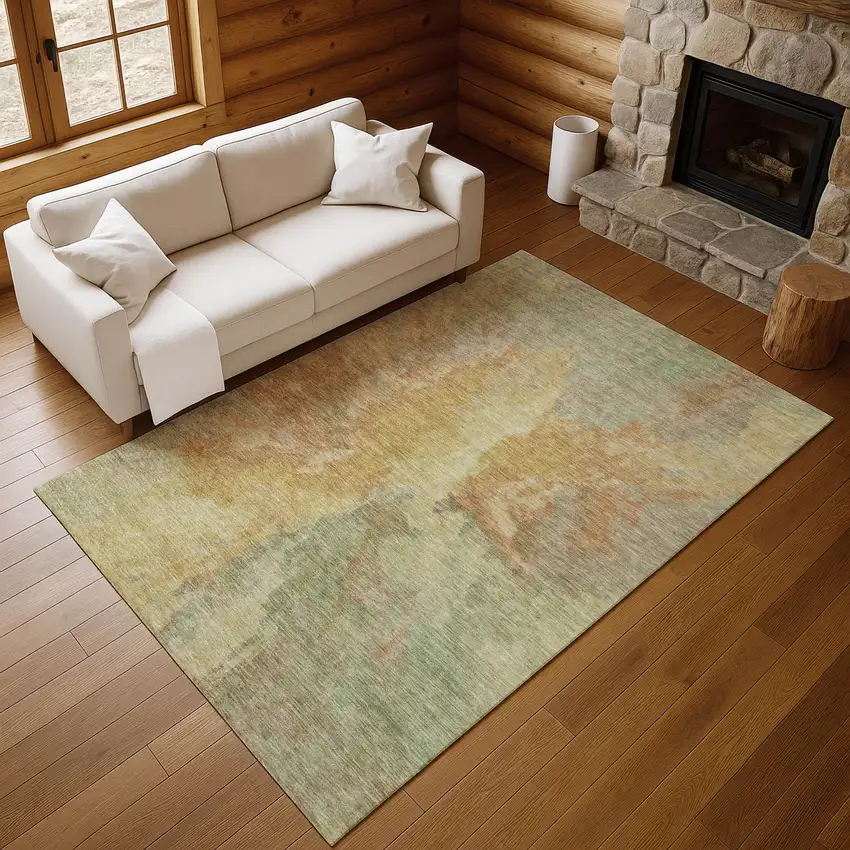 Artichoke Green Gold And Copper Abstract Washable Area Rug With UV Protection Photo 4