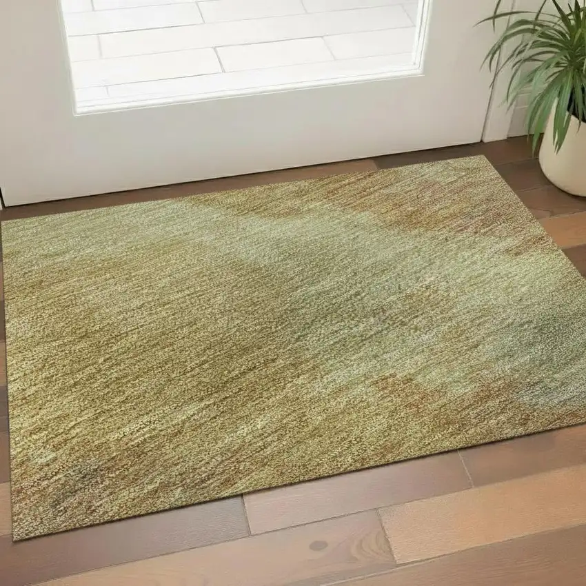 Artichoke Green Gold And Copper Abstract Washable Area Rug With UV Protection Photo 2