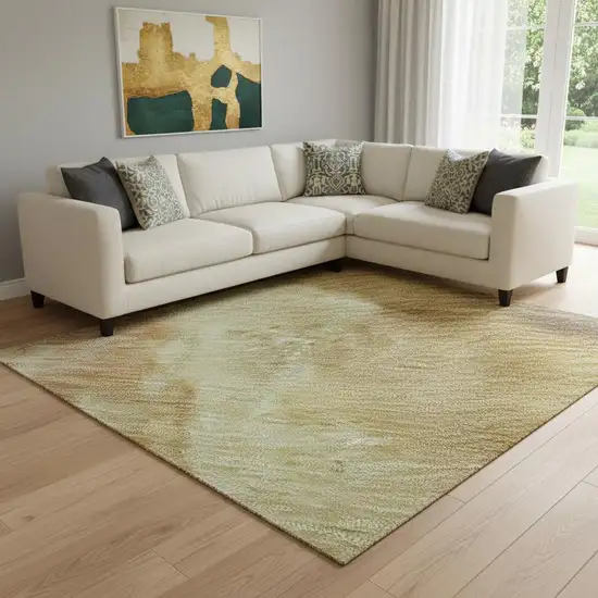 Artichoke Green Gold And Copper Abstract Washable Area Rug With UV Protection Photo 2