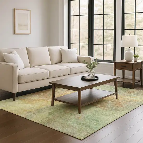 Artichoke Green Gold And Copper Abstract Washable Area Rug With UV Protection Photo 2