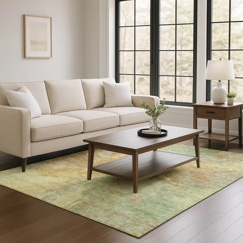 Artichoke Green Gold And Copper Abstract Washable Area Rug With UV Protection Photo 2