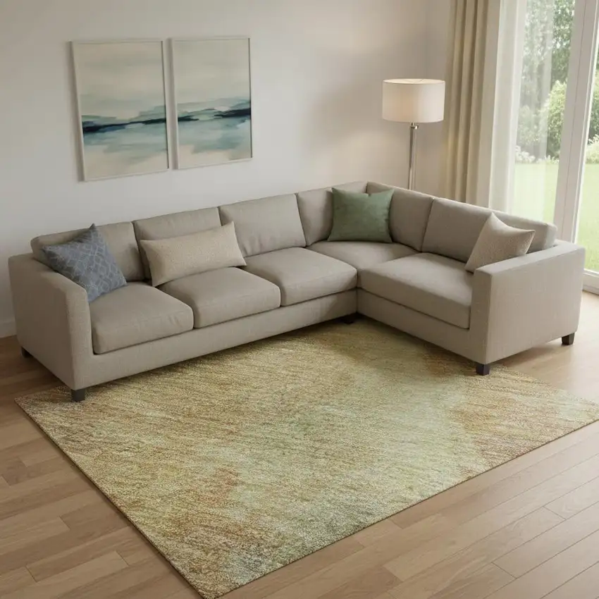 Artichoke Green Gold And Copper Abstract Washable Area Rug With UV Protection Photo 2