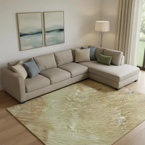 Artichoke Green Gold And Copper Abstract Washable Area Rug With UV Protection Photo 2