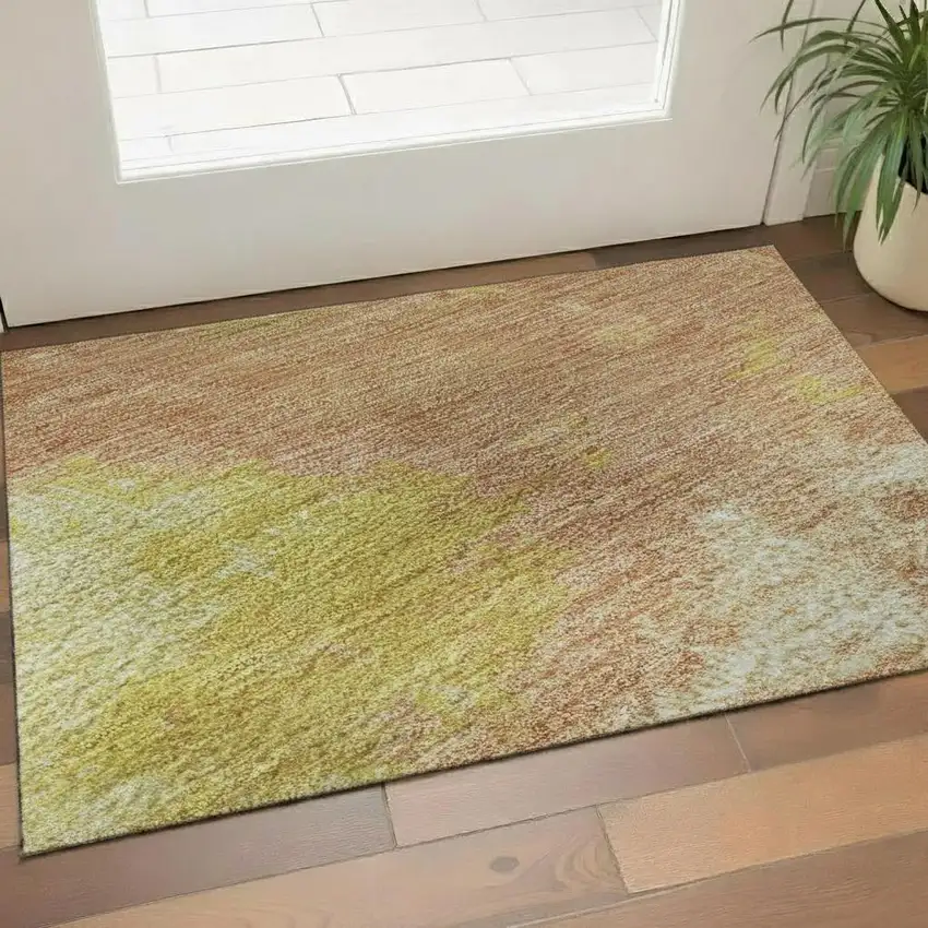 Artichoke Green Gold And Copper Abstract Washable Area Rug With UV Protection Photo 2