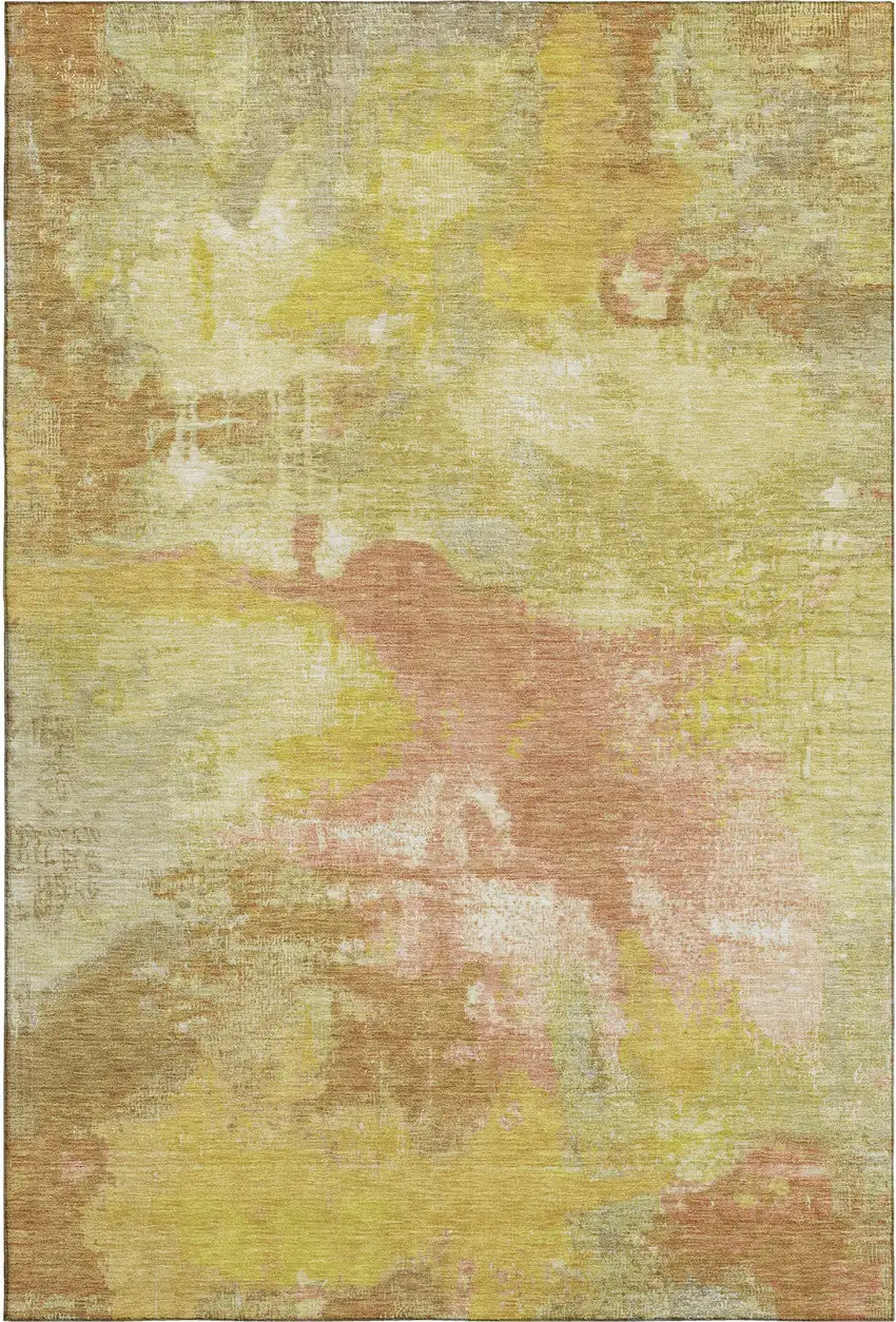 Artichoke Green Gold And Copper Abstract Washable Area Rug With UV Protection Photo 5