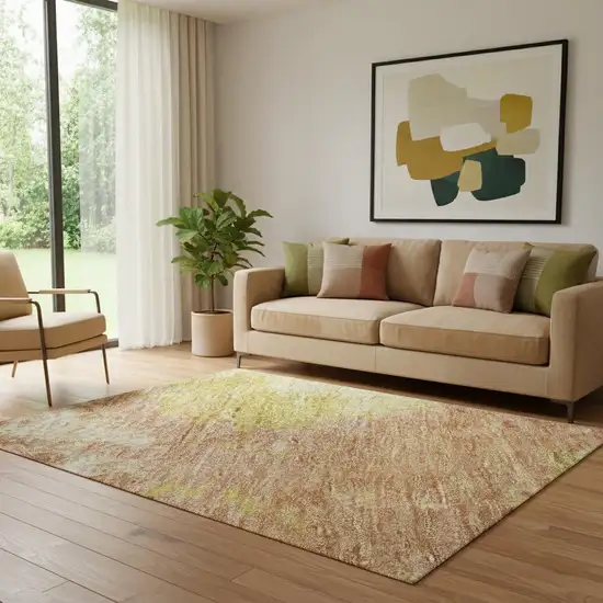 Artichoke Green Gold And Copper Abstract Washable Area Rug With UV Protection Photo 2