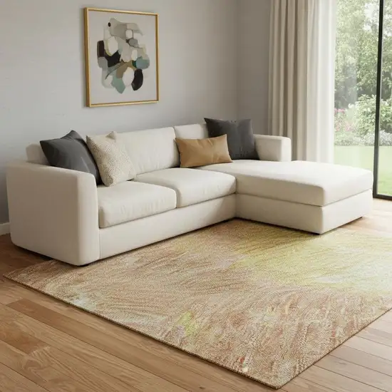 Artichoke Green Gold And Copper Abstract Washable Area Rug With UV Protection Photo 2