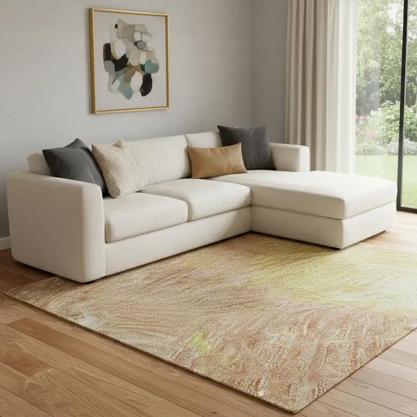 Artichoke Green Gold And Copper Abstract Washable Area Rug With UV Protection Photo 2