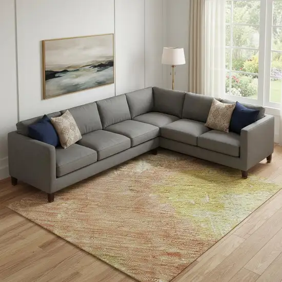 Artichoke Green Gold And Copper Abstract Washable Area Rug With UV Protection Photo 2