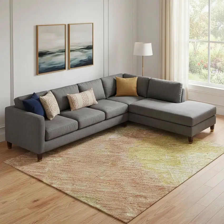 Artichoke Green Gold And Copper Abstract Washable Area Rug With UV Protection Photo 2