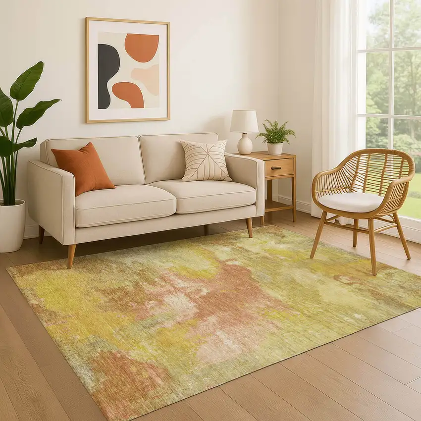 Artichoke Green Gold And Copper Abstract Washable Area Rug With UV Protection Photo 2