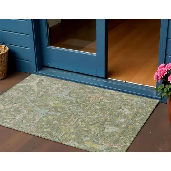 Artichoke Green Gold And Copper Floral Washable Indoor Outdoor Area Rug Photo 1