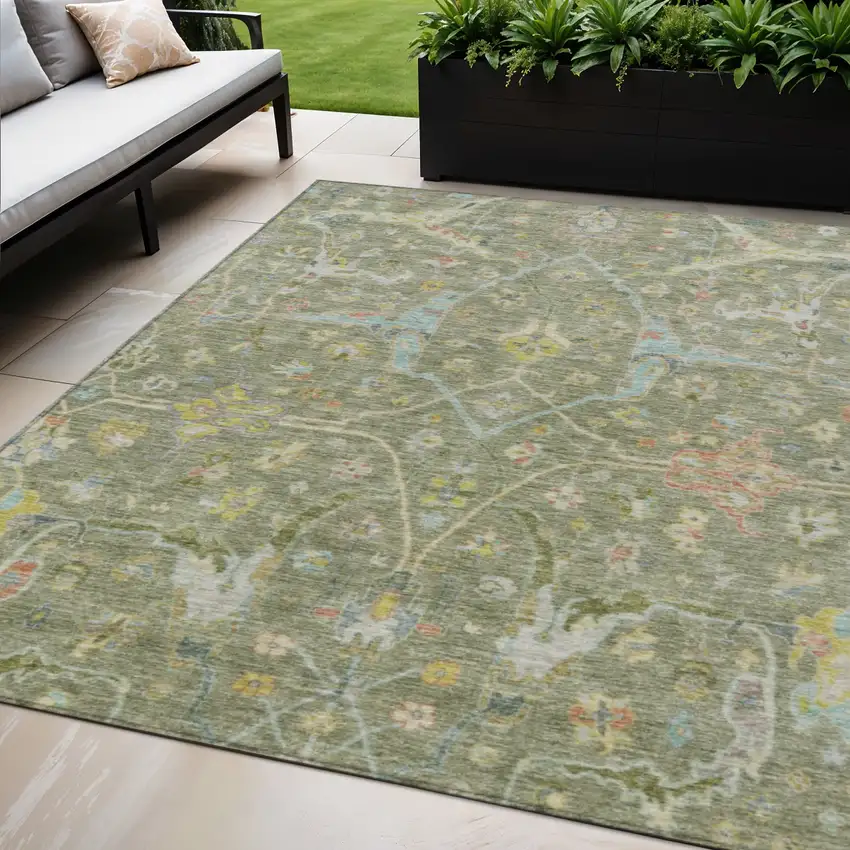 Artichoke Green Gold And Copper Floral Washable Indoor Outdoor Area Rug Photo 1