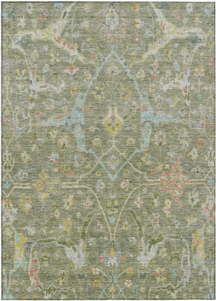 Artichoke Green Gold And Copper Floral Washable Indoor Outdoor Area Rug Photo 2