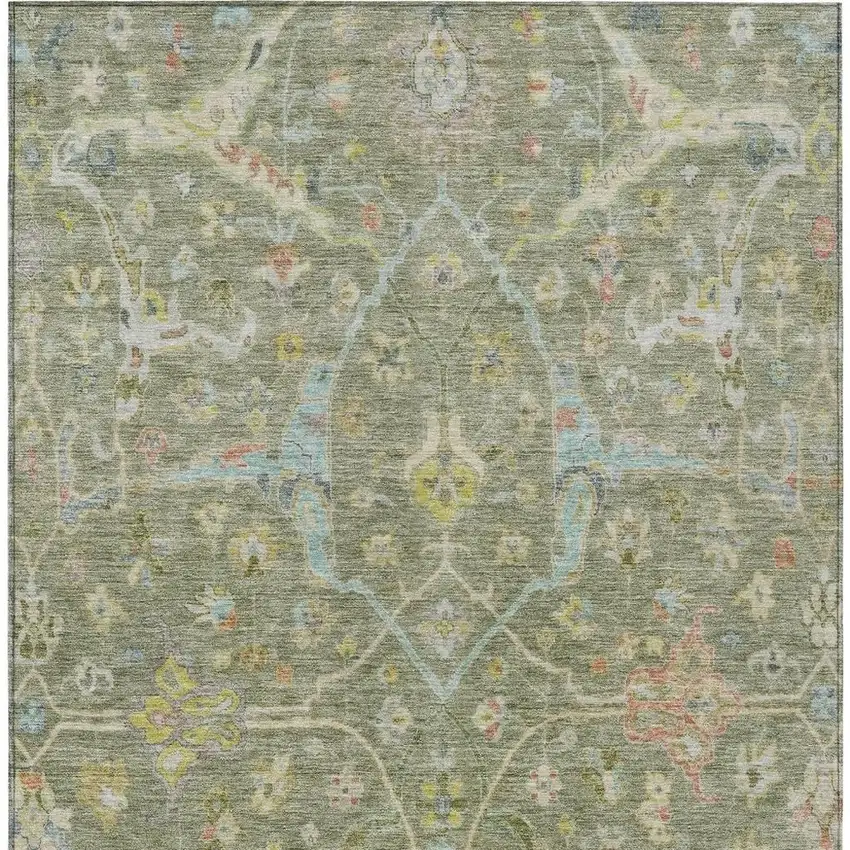 Artichoke Green Gold And Copper Floral Washable Indoor Outdoor Area Rug Photo 7