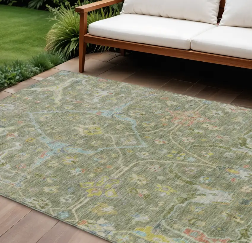 Artichoke Green Gold And Copper Floral Washable Indoor Outdoor Area Rug Photo 1