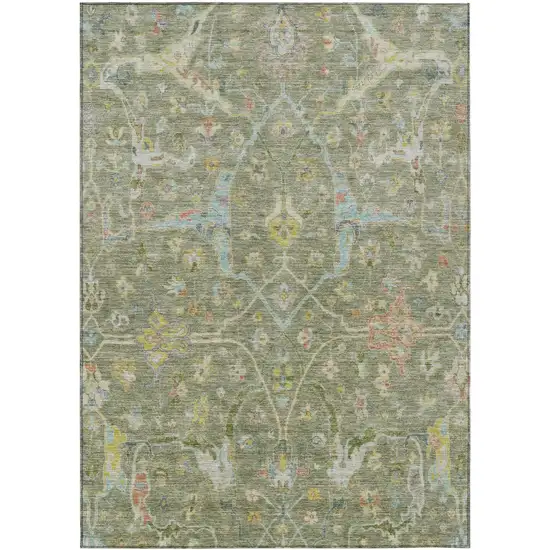 Artichoke Green Gold And Copper Floral Washable Indoor Outdoor Area Rug Photo 2