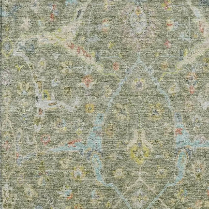 Artichoke Green Gold And Copper Floral Washable Indoor Outdoor Area Rug Photo 6