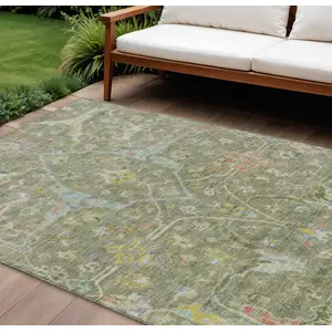 Photo of Artichoke Green Gold And Copper Floral Washable Indoor Outdoor Area Rug