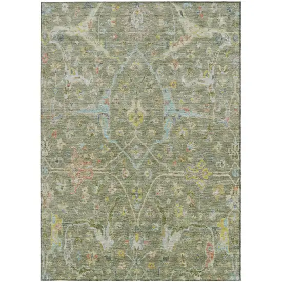 Artichoke Green Gold And Copper Floral Washable Indoor Outdoor Area Rug Photo 4