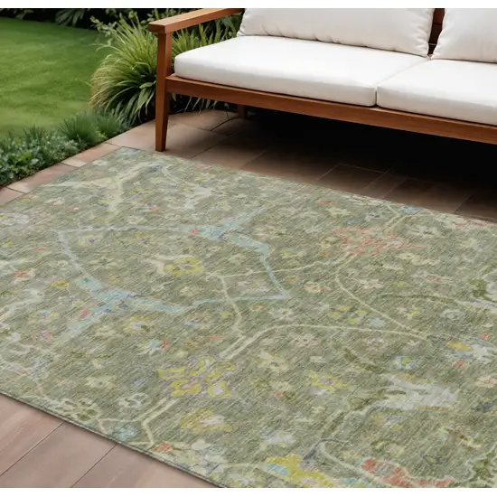 Artichoke Green Gold And Copper Floral Washable Indoor Outdoor Area Rug Photo 1