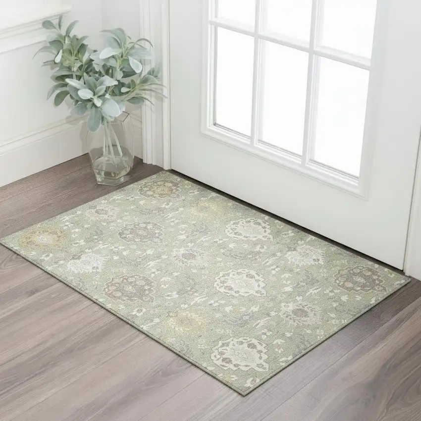 Artichoke Green Gold And Gray Damask Washable Area Rug With UV Protection Photo 2