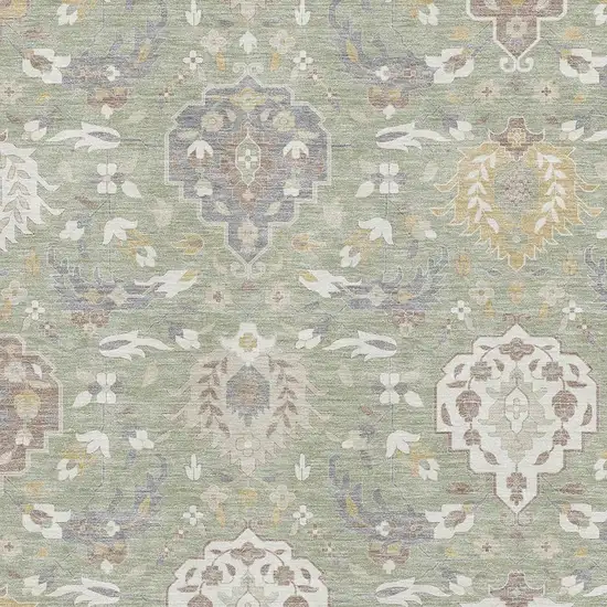 Artichoke Green Gold And Gray Damask Washable Area Rug With UV Protection Photo 3