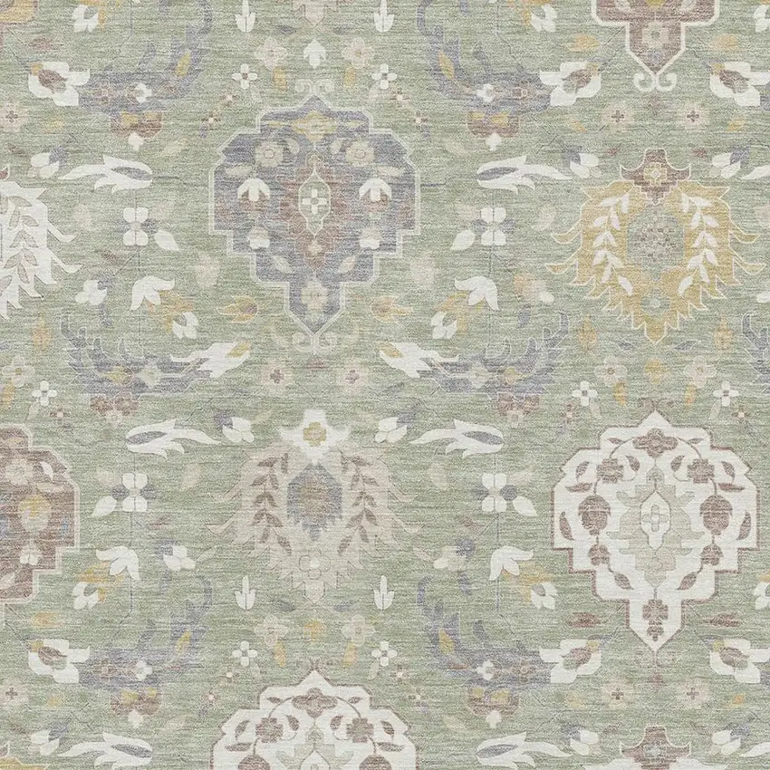 Artichoke Green Gold And Gray Damask Washable Area Rug With UV Protection Photo 3