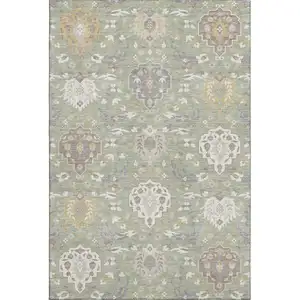 Photo of Artichoke Green Gold And Gray Damask Washable Area Rug With UV Protection