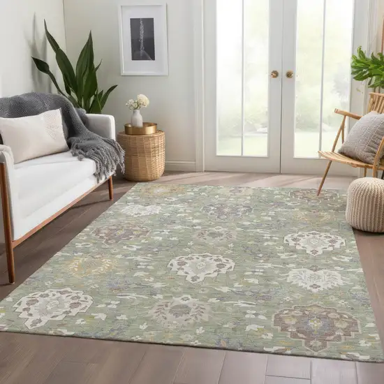 Artichoke Green Gold And Gray Damask Washable Area Rug With UV Protection Photo 5