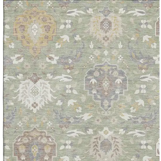 Artichoke Green Gold And Gray Damask Washable Area Rug With UV Protection Photo 2