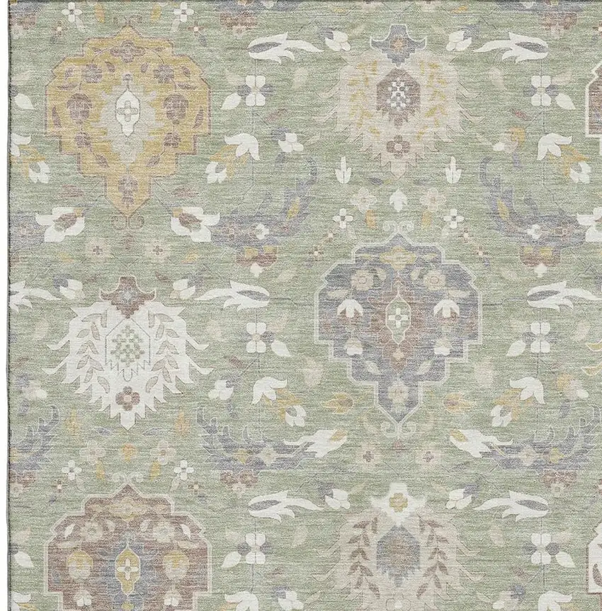 Artichoke Green Gold And Gray Damask Washable Area Rug With UV Protection Photo 2