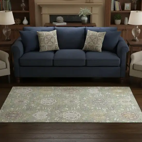 Artichoke Green Gold And Gray Damask Washable Area Rug With UV Protection Photo 2