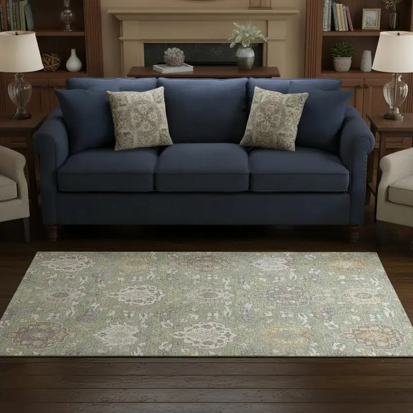 Artichoke Green Gold And Gray Damask Washable Area Rug With UV Protection Photo 2