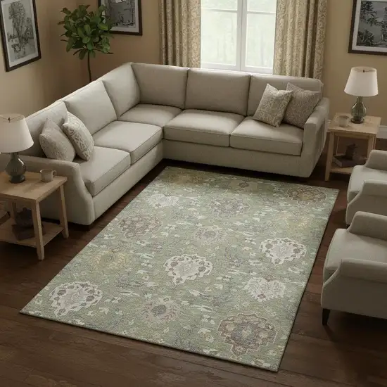 Artichoke Green Gold And Gray Damask Washable Area Rug With UV Protection Photo 2