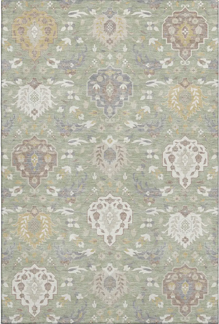 Artichoke Green Gold And Gray Damask Washable Area Rug With UV Protection Photo 1