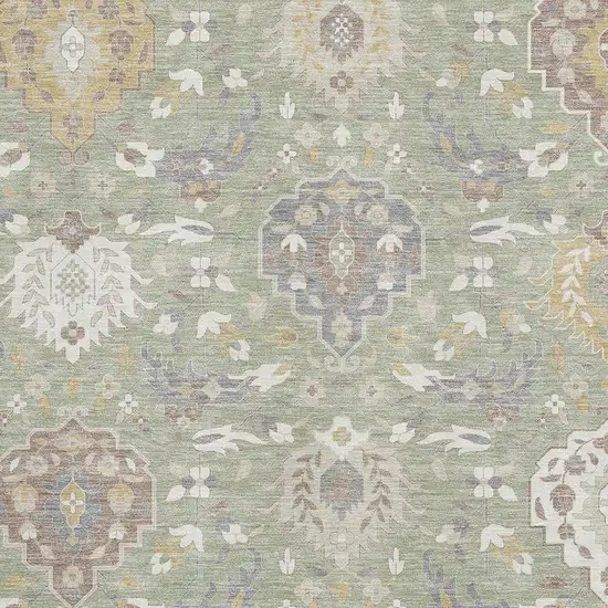 Artichoke Green Gold And Gray Damask Washable Area Rug With UV Protection Photo 2