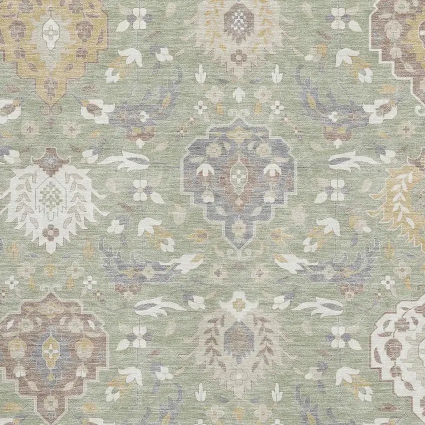 Artichoke Green Gold And Gray Damask Washable Area Rug With UV Protection Photo 2